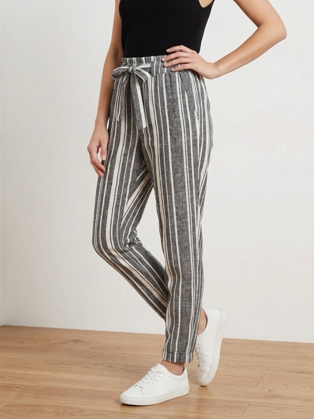 Aéropostale Gray Stripe Linen Blend Jogger Pants Elastic Waist Tie Front M